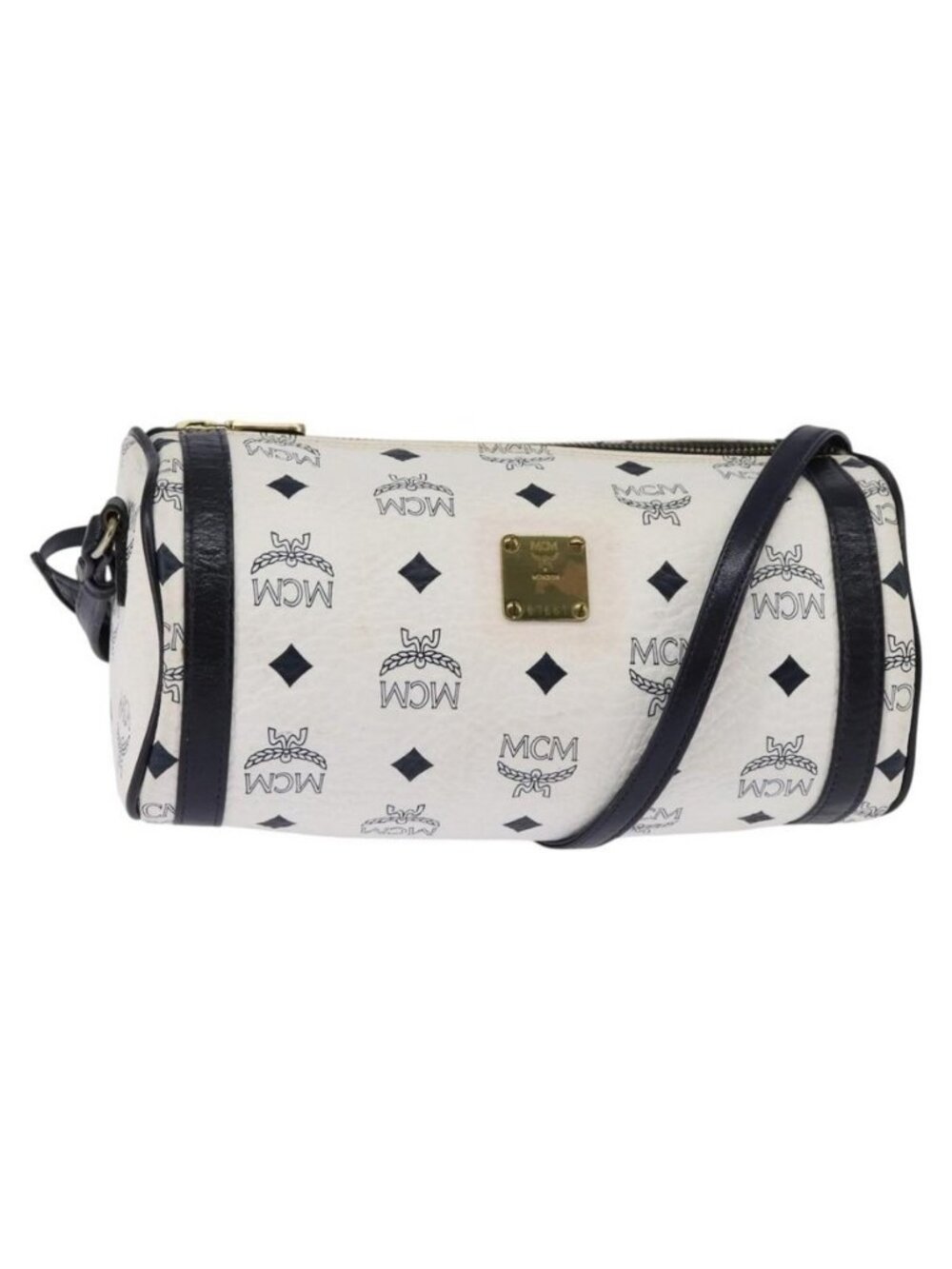 Authentic MCM Logogram Vicetos Shoulder Bag PVC Leather White Gold
